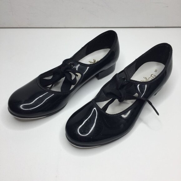 Vintage Spotlights Girls Black Mary Jane Patent Tap Dance Shoes Tie Close Size 5 - Picture 1 of 9